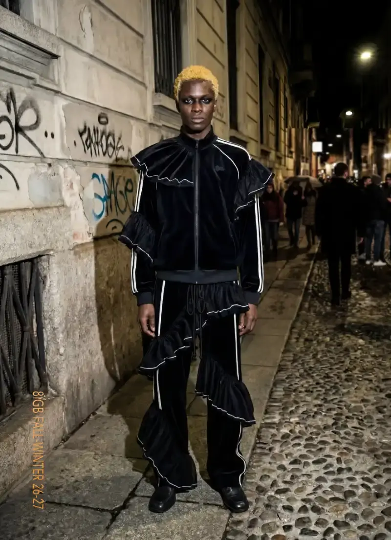 8IGB DROPS FALL COLLECTION MIXING ORDER AND INSTINCT image about 8IGB's Fall 2026 collection 8IGBALL, featuring street-inspired designs by Ruben Bissoli, plus upcycled pieces made from reused materials in France. (image 3 of 17)