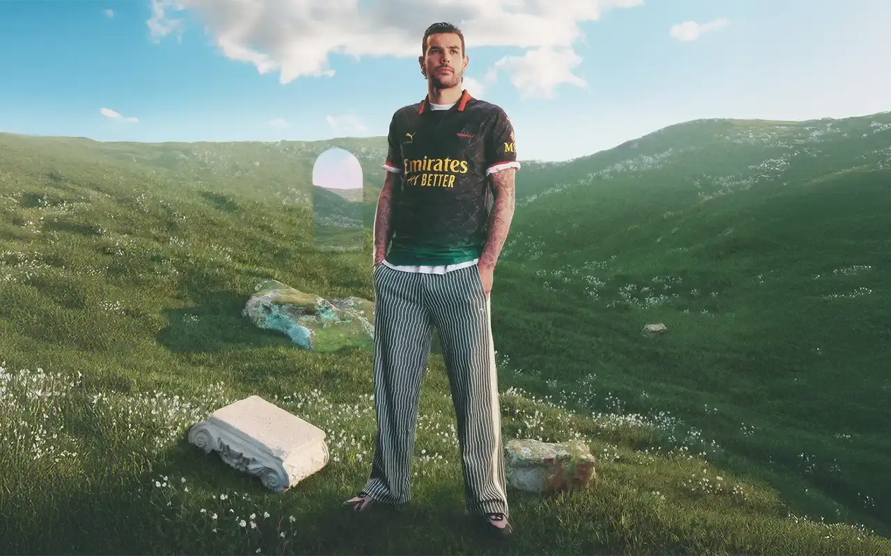 AC Milan AC Milan's 2025 fourth kit collaboration with PUMA and Off-White™, showing two versions: a black to power green gradient jersey with yellow logos and red accents, and an alternate red to power green gradient jersey with monochromatic club crest and yellow details. Both feature Off-White™'s signature design elements including quotation marks and zip ties. The shirts display the 'Diavoli' nickname on the chest and incorporate a modified arrow pattern throughout. (image 11 of 13)