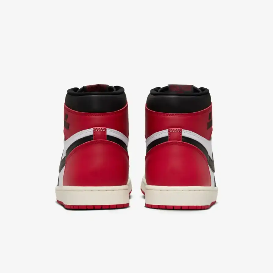 Nike Article about the Air Jordan 1 'Black Toe Reimagined' sneaker launching February 15, 2025. The shoe features white leather with black and red accents, commemorative text from Jordan's rookie season, and releases for $180 during NBA All-Star Weekend." (image 7 of 9)