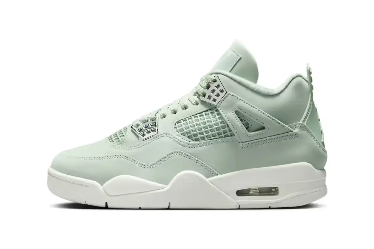 Nike Air Jordan 4 "Abundance" sneaker in monochromatic Seafoam green with Metallic Silver eyelets, featuring a sail-colored midsole and outsole. Shown from multiple angles displaying the tonal Jumpman logo on tongue and heel tab