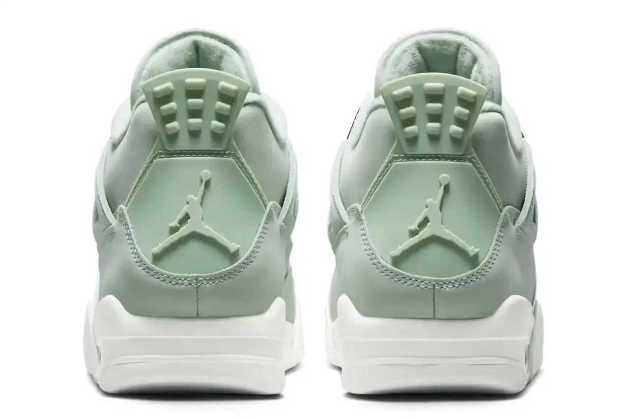Nike Air Jordan 4 "Abundance" sneaker in monochromatic Seafoam green with Metallic Silver eyelets, featuring a sail-colored midsole and outsole. Shown from multiple angles displaying the tonal Jumpman logo on tongue and heel tab (image 5 of 7)
