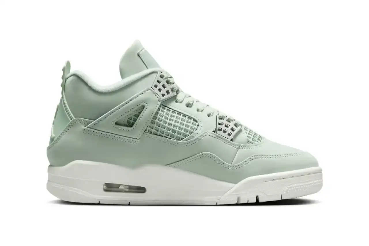 Nike Air Jordan 4 "Abundance" sneaker in monochromatic Seafoam green with Metallic Silver eyelets, featuring a sail-colored midsole and outsole. Shown from multiple angles displaying the tonal Jumpman logo on tongue and heel tab (image 2 of 7)