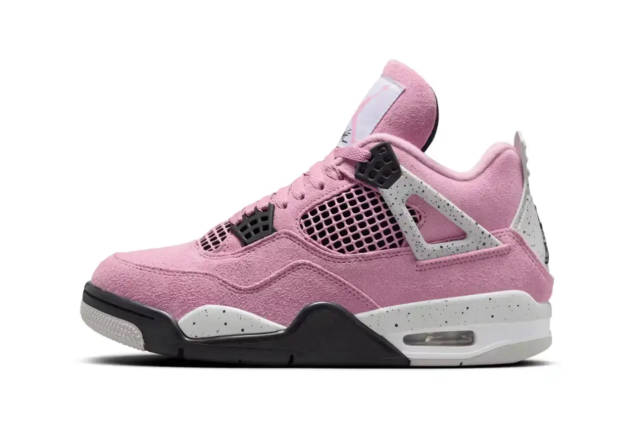 AIR JORDAN 4 "ORCHID" MAKES ITS DEBUT THIS WEEK Air Jordan 4 'Orchid' sneaker shown in three-quarter view, featuring pink suede upper with grey and black accents, white midsole, and signature AJ4 wing supports