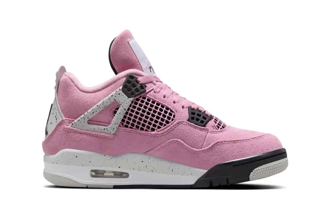 AIR JORDAN 4 "ORCHID" MAKES ITS DEBUT THIS WEEK Air Jordan 4 'Orchid' sneaker shown in three-quarter view, featuring pink suede upper with grey and black accents, white midsole, and signature AJ4 wing supports (image 2 of 7)