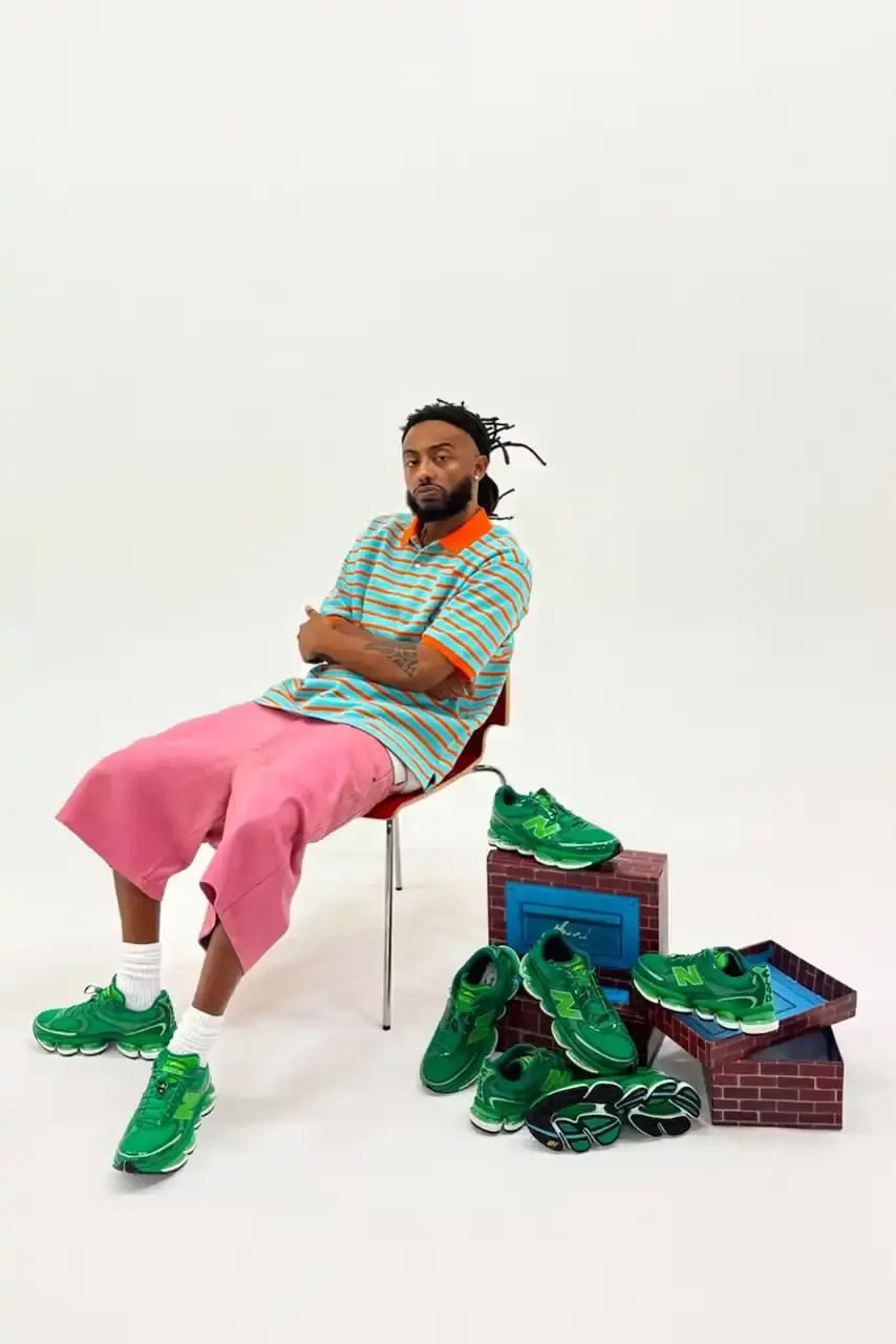 AMINÉ NEW BALANCE BIBLIOTECA 2000 OCTOBER RELEASE image about rapper Aminé's upcoming New Balance sneaker collaboration featuring acid green colorway and special library-themed packaging. (image 2 of 14)