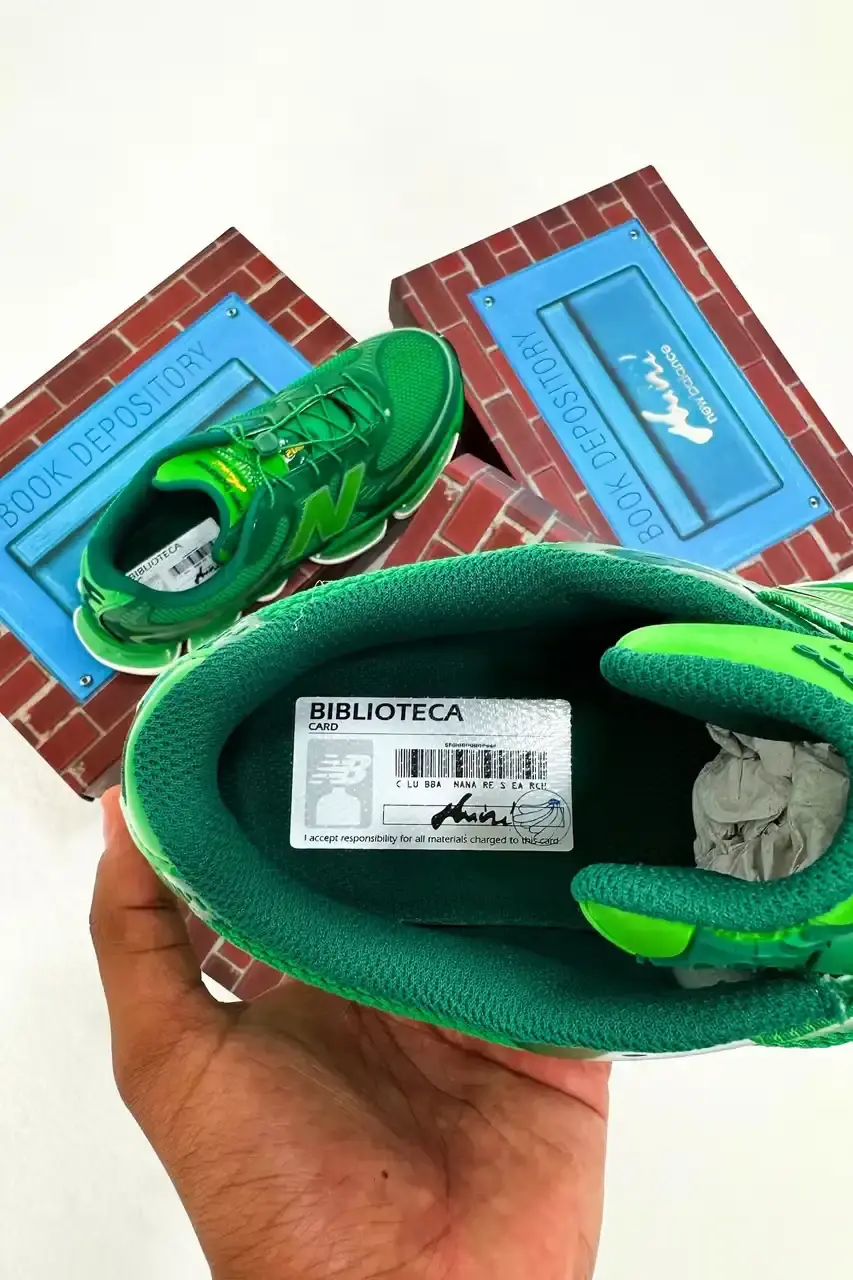 AMINÉ NEW BALANCE BIBLIOTECA 2000 OCTOBER RELEASE image about rapper Aminé's upcoming New Balance sneaker collaboration featuring acid green colorway and special library-themed packaging. (image 3 of 14)