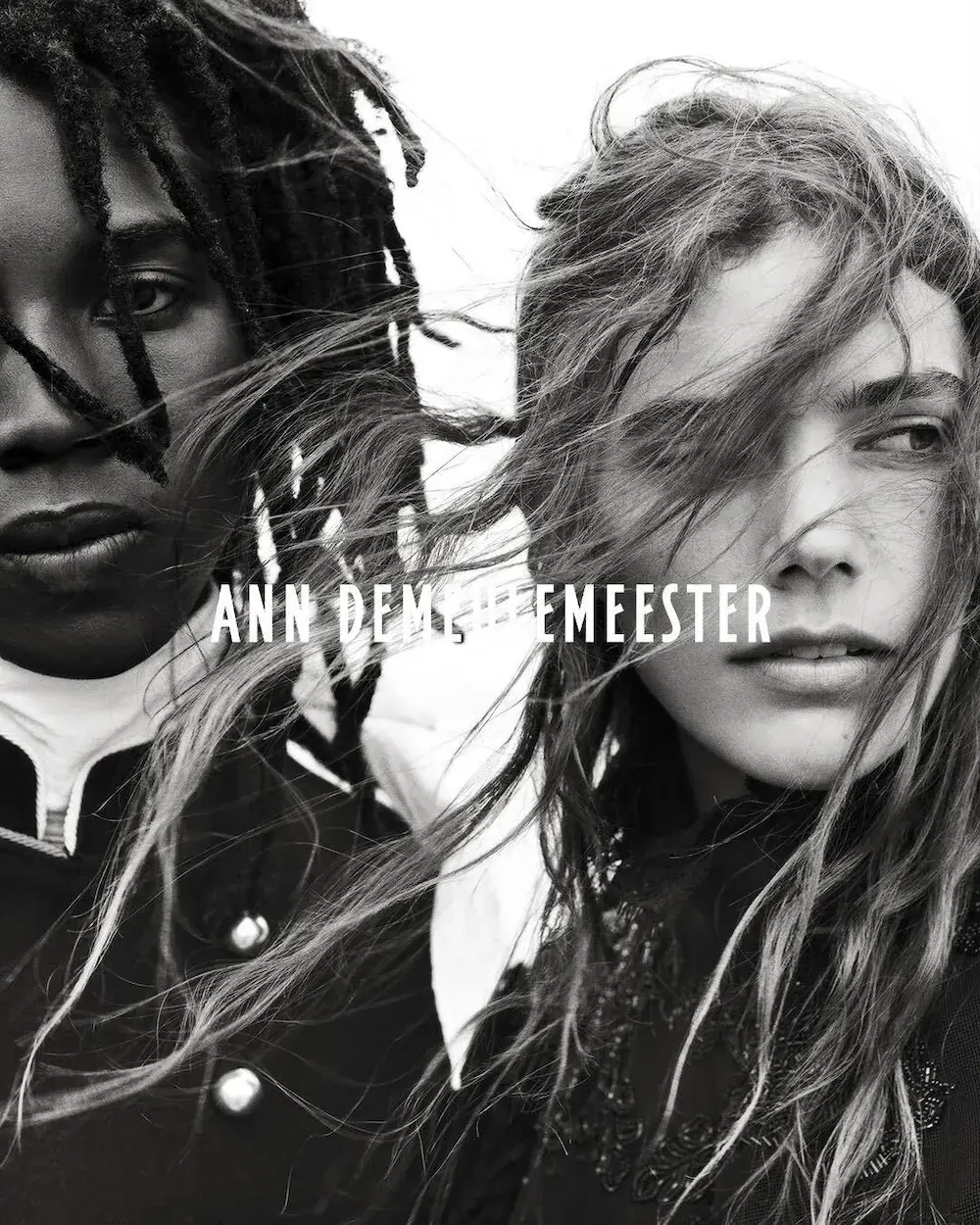 ANN DEMEULEMEESTER FALL WINTER 2026 CAMPAIGN Black and white photographs displaying two models wearing the Ann Demeulemeester Fall Winter 2026 collection on the Margate coast. (image 2 of 6)