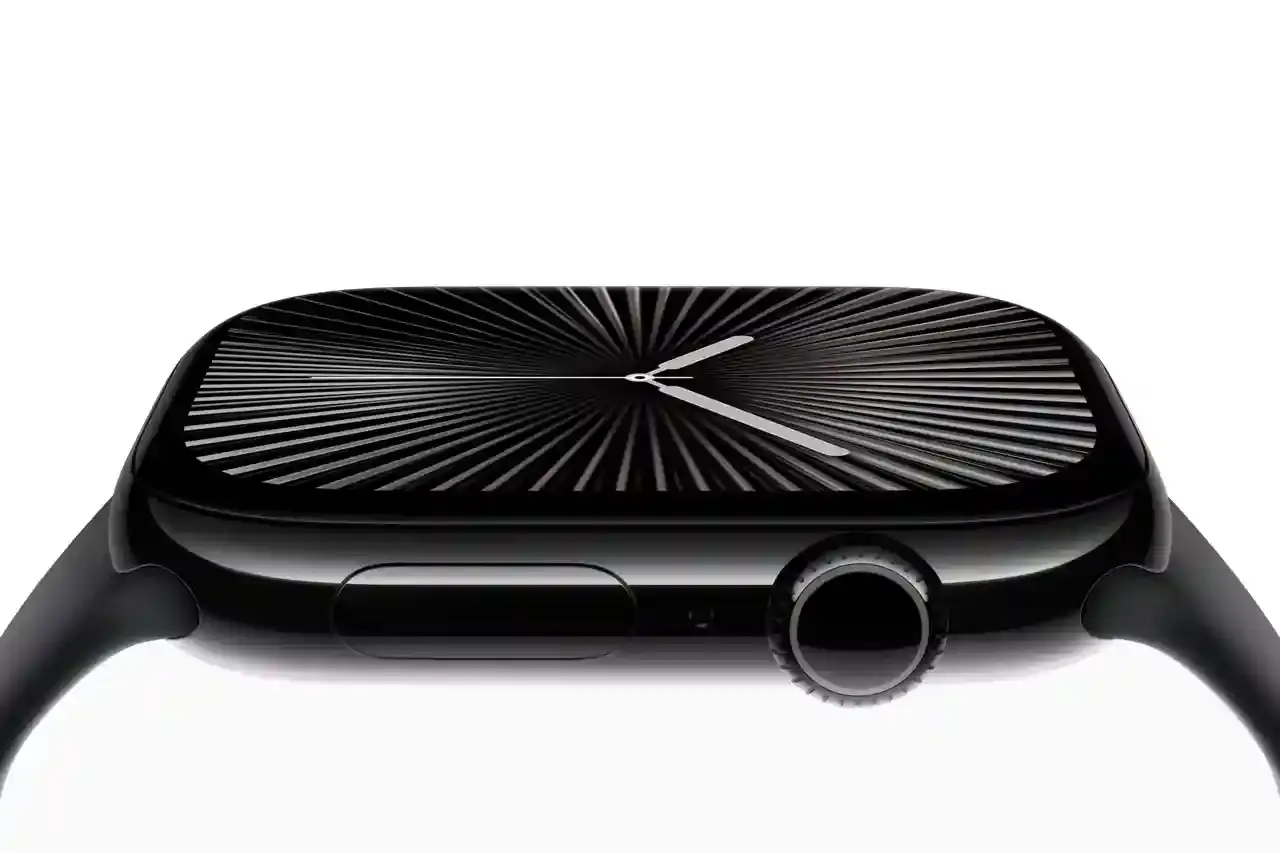 Comparison image of Apple Watch Series 10 next to previous model, illustrating thinner profile and larger, brighter screen