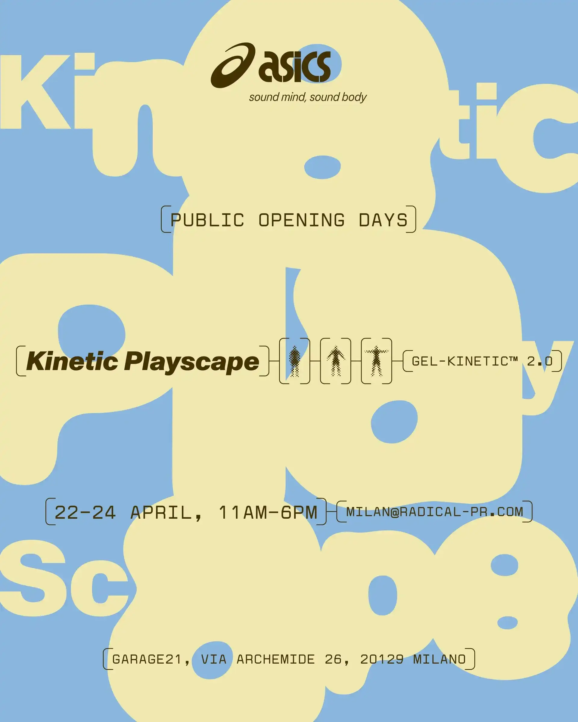 image detailing the upcoming ASICS exhibition at Garage 21 during Salone del Mobile. The text covers event dates and the new sneaker release.