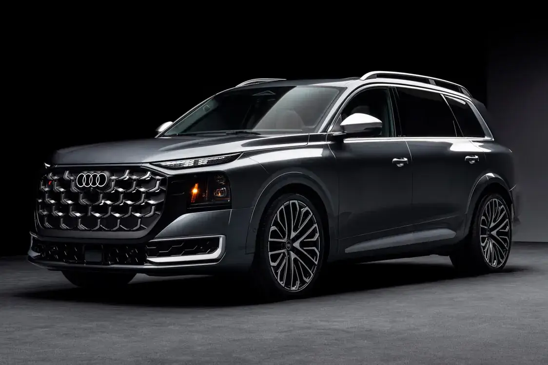 AUDI DEBUTS FULL SIZE Q9 SUV FAMILY image explaining Audi's new Q9 and SQ9 vehicle models, including engine performance, dimensions, exterior light projectors, and seating layouts.