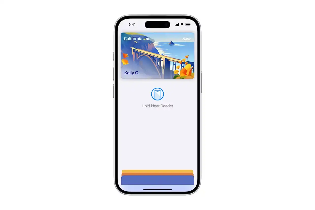 An iPhone displaying a digital California driver's license in Apple Wallet, next to a physical California driver's license for comparison.