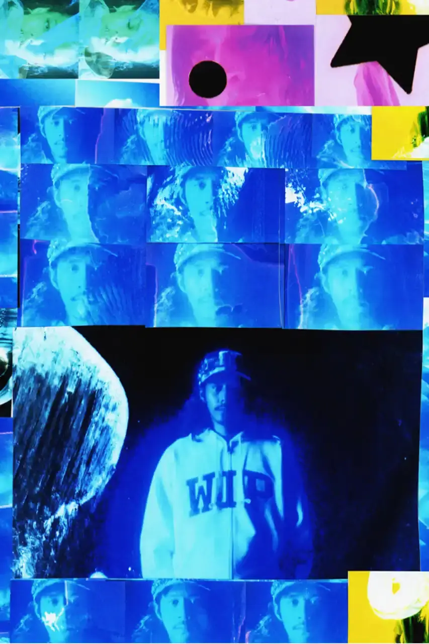 Carhartt WIP/Joshua Gordon A collage of high-saturation photographs showing Carhartt WIP's Spring/Summer 2025 collection. Models wear utility vests, collegiate hoodies, and camouflage jackets against a backdrop of overlapping images with light leaks and hand-drawn illustrations by Joshua Gordon. (image 2 of 5)
