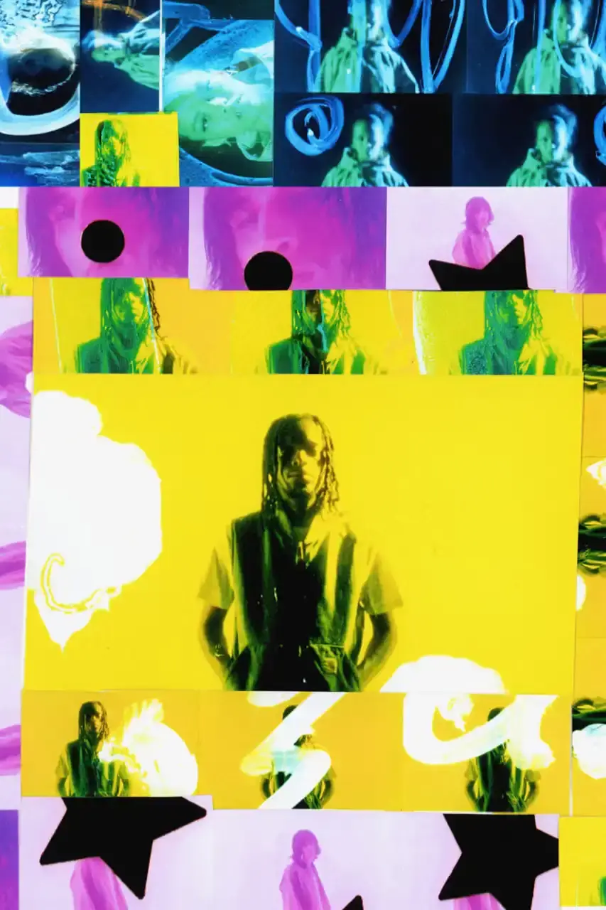 Carhartt WIP/Joshua Gordon A collage of high-saturation photographs showing Carhartt WIP's Spring/Summer 2025 collection. Models wear utility vests, collegiate hoodies, and camouflage jackets against a backdrop of overlapping images with light leaks and hand-drawn illustrations by Joshua Gordon. (image 3 of 5)