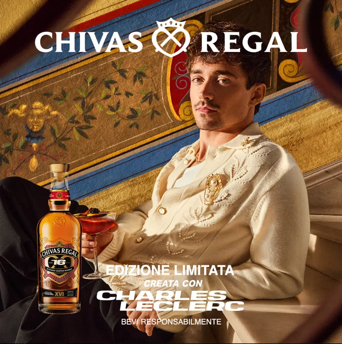 image describing the release of Chivas Regal 16 Year Old whisky created with Formula 1 driver Charles Leclerc.