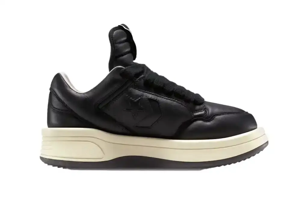CONVERSE X RICK OWENS DRKSHDW: THE FINAL CHAPTER OF A FASHION COLLAB image describes the final collaboration between Converse and Rick Owens DRKSHDW, which began in 2021. The new TURBOWPN Ox is a low-profile redesign of the sculptural TURBOWPN sneaker. The article details its key features including inflated premium leather upper, extended tongue, volumized midsole, and CX foam cushioning. Additional specifications include a woven DRKSHDW label, serrated outsole, and molded rubber heel. The sneaker will be available in "Oyster" and "Black" colorways starting April 29 through official brand websites and select retailers. (image 2 of 2)