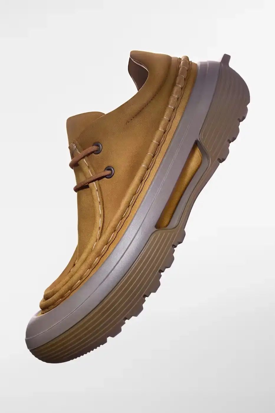 Solve Sundsbo/Craig Green Craig Green's redesigned ECCO Joke FSDX shoe featuring transparent Apparition leather layered with suede, shown in profile view (image 6 of 9)