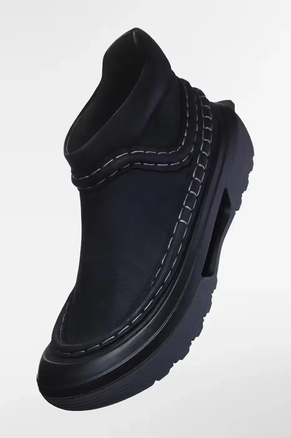 Solve Sundsbo/Craig Green Craig Green's redesigned ECCO Joke FSDX shoe featuring transparent Apparition leather layered with suede, shown in profile view (image 9 of 9)