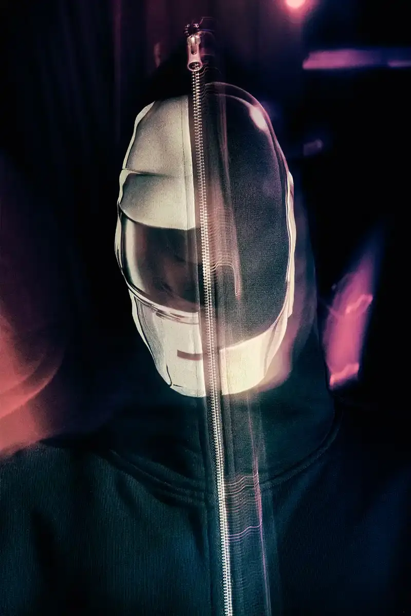 DAFT PUNK TEAMS UP WITH PLEASURES FOR NEW CAPSULE image about fashion collaboration between electronic music duo Daft Punk and streetwear brand PLEASURES. Features clothing and accessories incorporating the musicians' robot helmet imagery, album artwork, and references to their music videos and films. Collection includes hoodies, jackets, jeans, and accessories available July 16, 2025. (image 3 of 28)