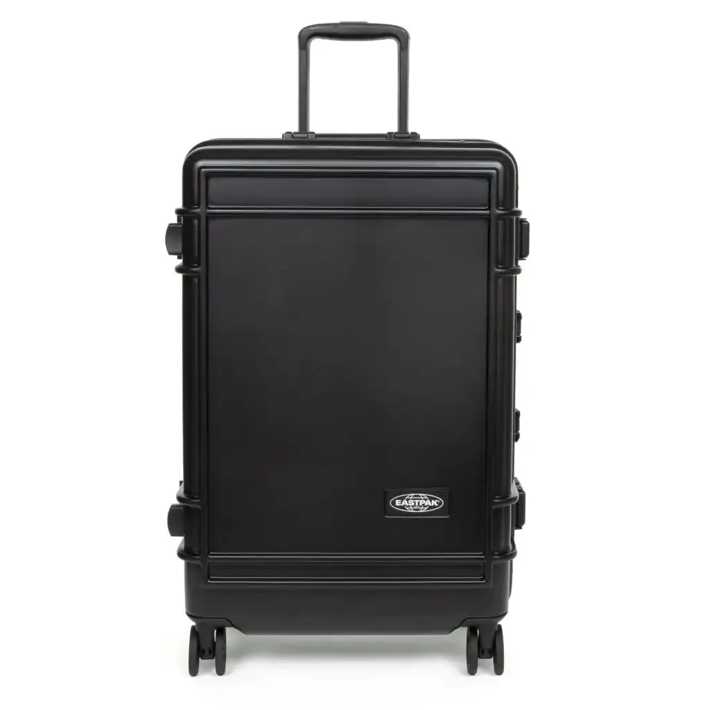 Eastpak Eastpak Resist'r Case hard-shell luggage in three sizes - small, medium, and large - displayed in red, gray, and black colors. The suitcases feature a sleek polycarbonate exterior with aluminum frame, quiet wheels, and TSA-approved locks. Eastpak logo visible on the front (image 1 of 3)
