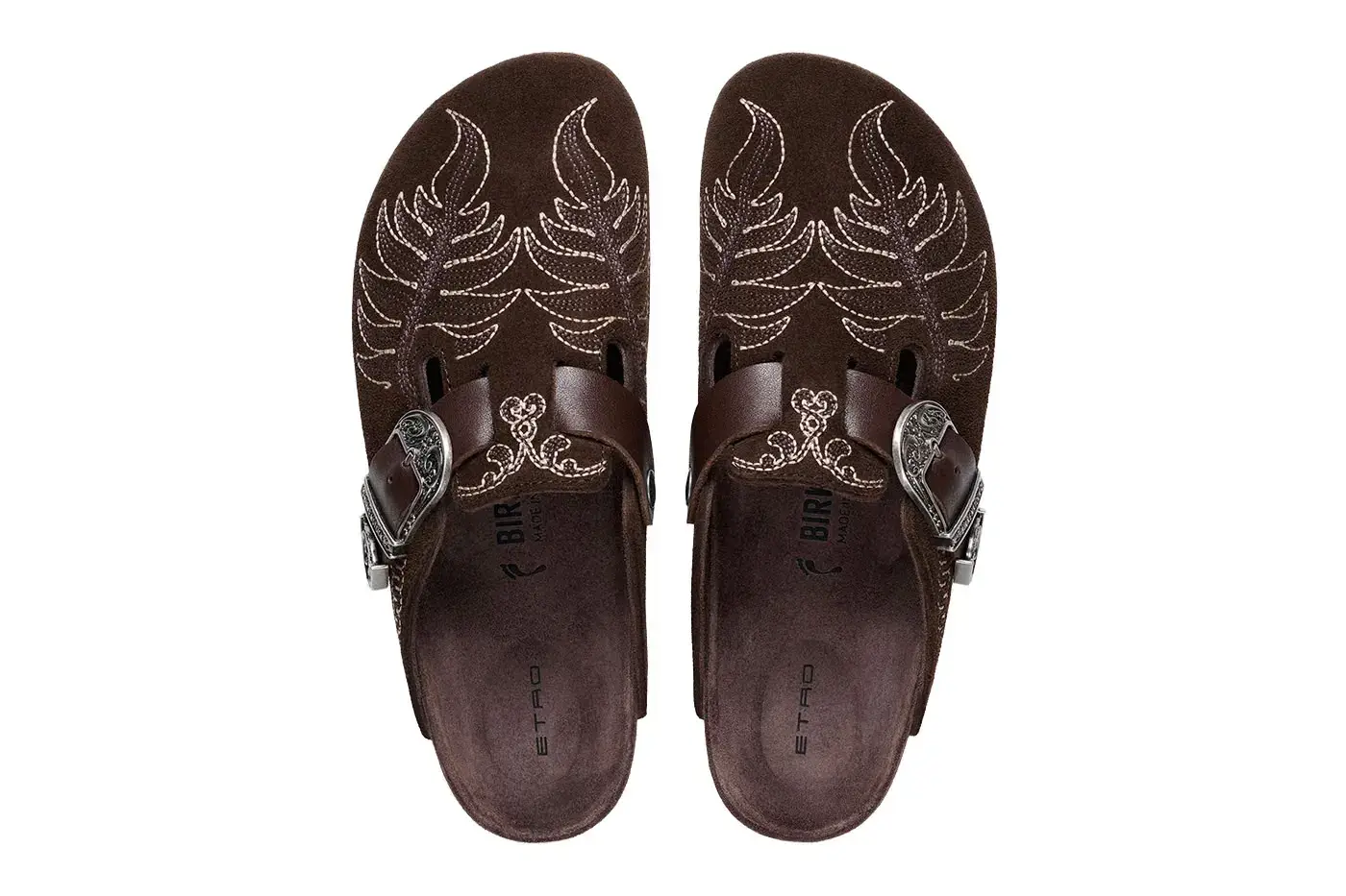 ETRO AND BIRKENSTOCK RELEASE BOSTON AND GIZEH image detailing the new footwear collaboration between Etro and Birkenstock focusing on design updates to the Boston and Gizeh models.
