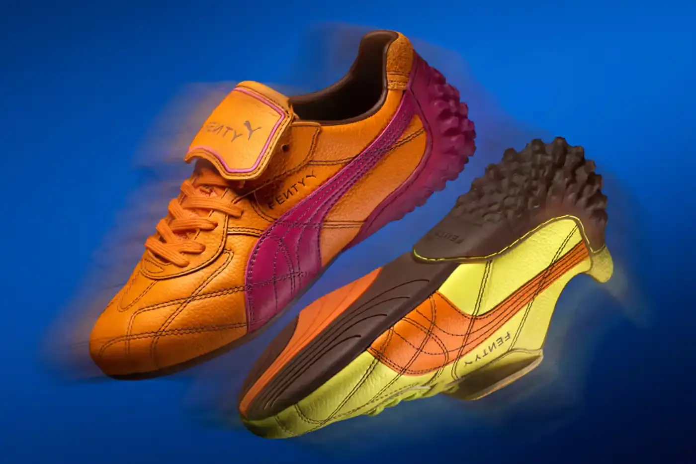 Puma FENTY x PUMA launches neon-colored Avanti LS sneakers, Cat Cleat Jelly slides, and Pocket Bags. Available worldwide March 13 in yellow and orange. (image 2 of 9)