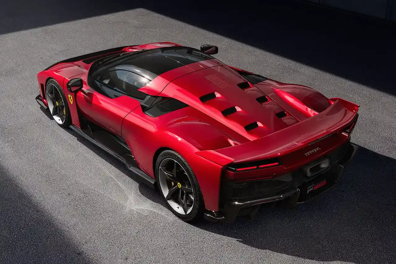 FERRARI INTRODUCES NEW F80 SUPERCAR Ferrari F80 supercar, successor to LaFerrari, with 1200 horsepower V6 hybrid engine. Limited to 799 units, featuring advanced aerodynamics, Formula 1-inspired cockpit, and 0-60 mph in 2.15 seconds (image 3 of 10)