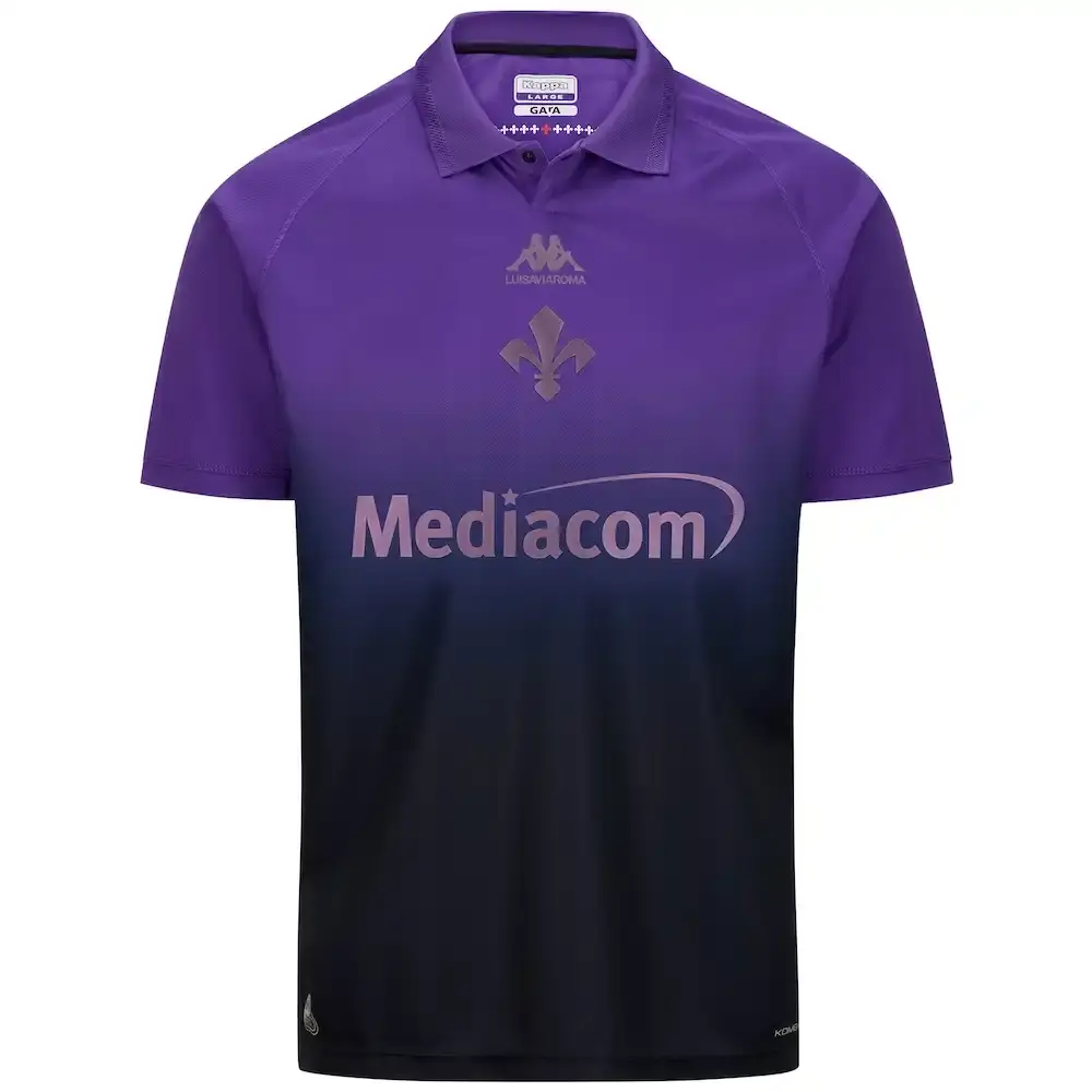 Kappa Fiorentina's 2024-25 fourth kit featuring a gradient purple design on black base with iridescent logos, shown with matching shorts and socks. The jersey displays a polo-style collar and the iconic Fleur-de-lis symbol of Florence.