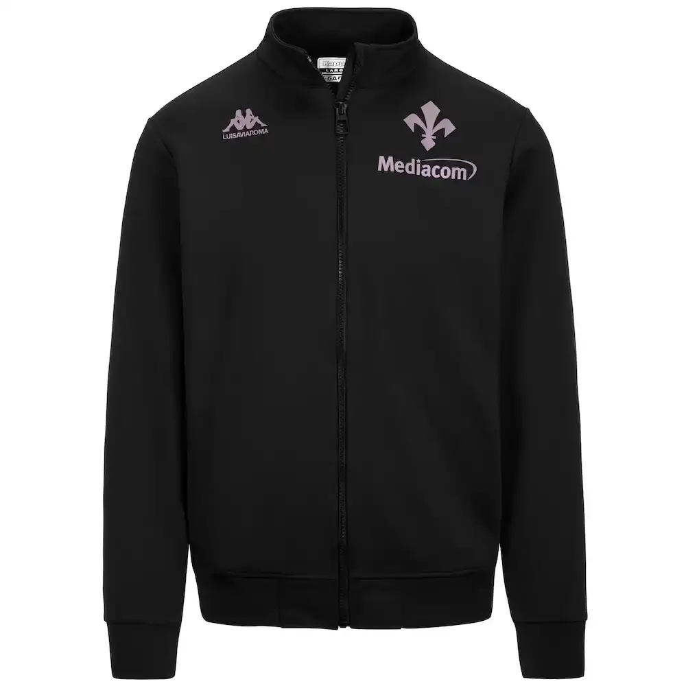 Kappa Fiorentina's 2024-25 fourth kit featuring a gradient purple design on black base with iridescent logos, shown with matching shorts and socks. The jersey displays a polo-style collar and the iconic Fleur-de-lis symbol of Florence. (image 2 of 4)