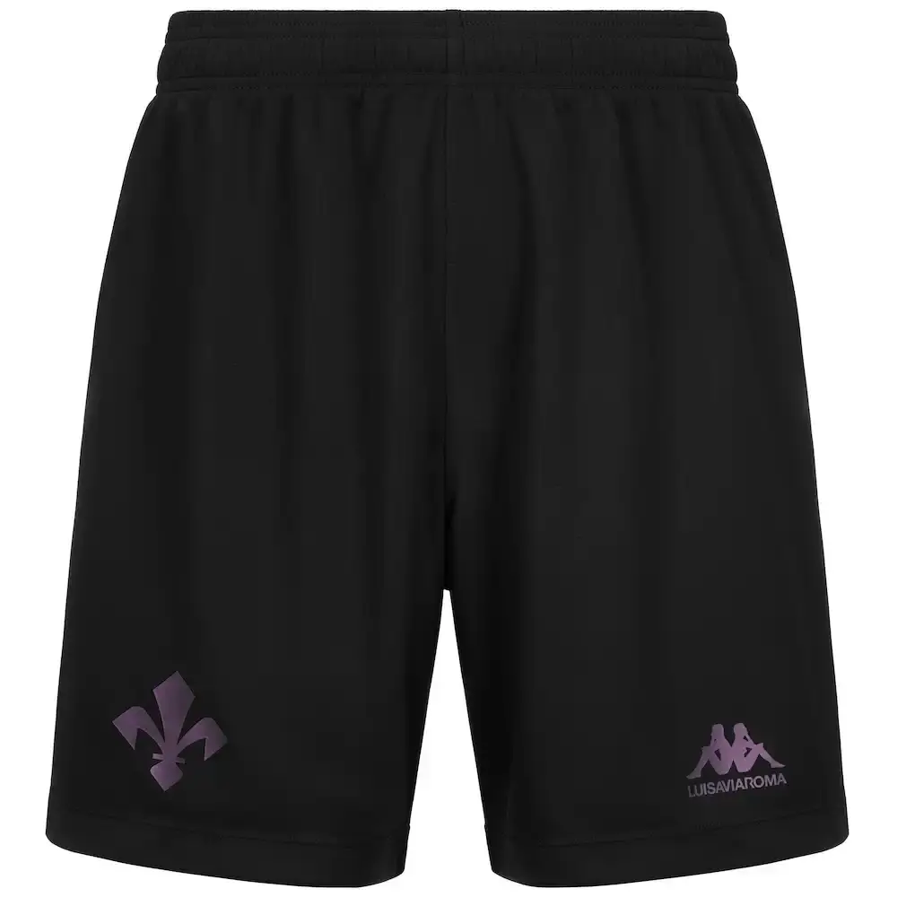 Kappa Fiorentina's 2024-25 fourth kit featuring a gradient purple design on black base with iridescent logos, shown with matching shorts and socks. The jersey displays a polo-style collar and the iconic Fleur-de-lis symbol of Florence. (image 4 of 4)