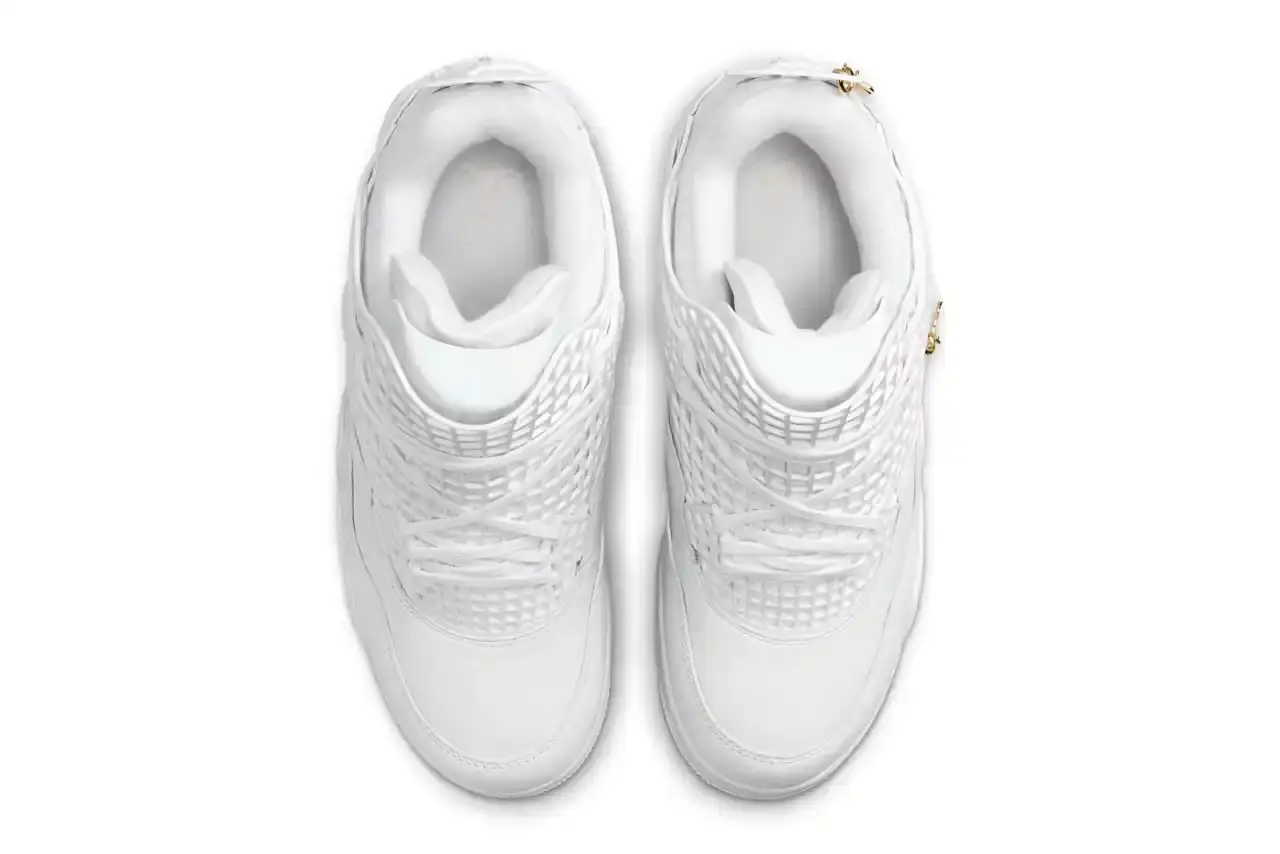 Nike White Air Jordan 4 NET sneaker with expanded netting covering the upper and tongue, featuring metallic gold Jumpman logo and all-white leather and textile construction. Copy (image 3 of 4)