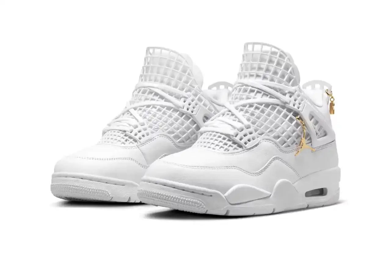 Nike White Air Jordan 4 NET sneaker with expanded netting covering the upper and tongue, featuring metallic gold Jumpman logo and all-white leather and textile construction. Copy (image 4 of 4)