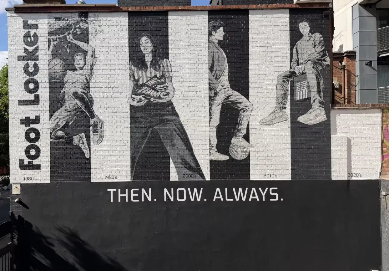 image of a one minute film opens on a 1985 park jog, moves through a 1986 street basketball scene, a 1998 Paris metro sequence built around the Nike TN, a 1999 nightclub scene centered on silver adidas sneakers, a football pitch, a family living room, and closes inside a modern Foot Locker store. Text captions mark each era on screen throughout.