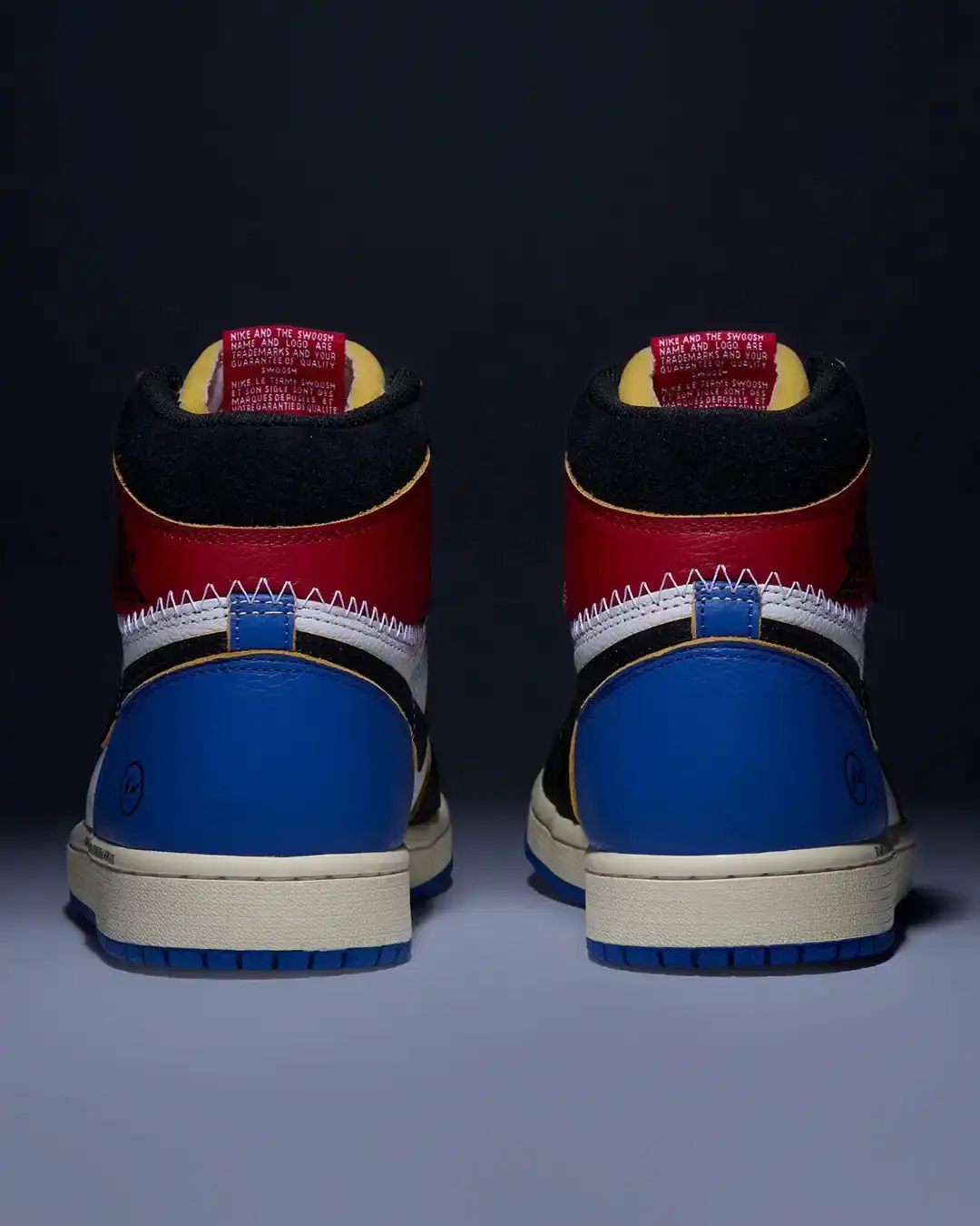 FRAGMENT UNION JORDAN 1 DROPS FEBRUARY 14 image about the Air Jordan 1 High collaboration between fragment design and Union Los Angeles, featuring deconstructed design elements and a hybrid colorway combining Black Toe and Sport Blue aesthetics, releasing February 14. (image 3 of 4)