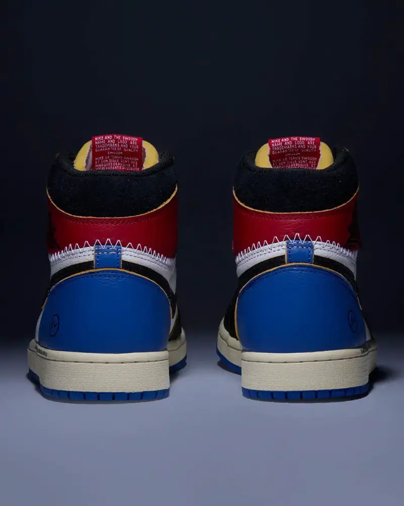 FRAGMENT UNION JORDAN 1 DROPS FEBRUARY 14 image about the Air Jordan 1 High collaboration between fragment design and Union Los Angeles, featuring deconstructed design elements and a hybrid colorway combining Black Toe and Sport Blue aesthetics, releasing February 14. (image 3 of 4)