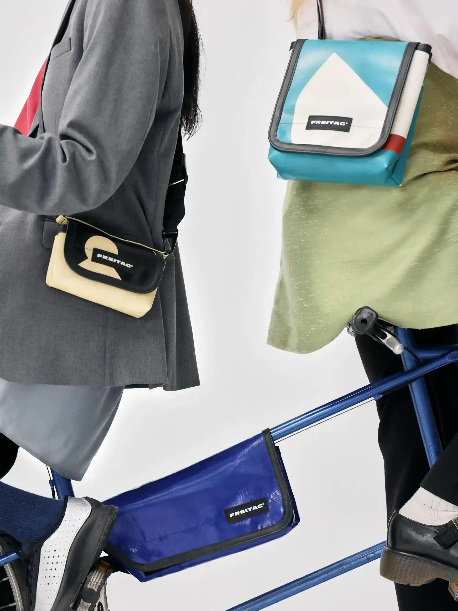FREITAG RELEASES THREE NEW BICYCLE BAGS An image detailing three new Freitag bags designed for bicycles featuring recycled truck tarpaulins and reflective elements. (image 2 of 7)