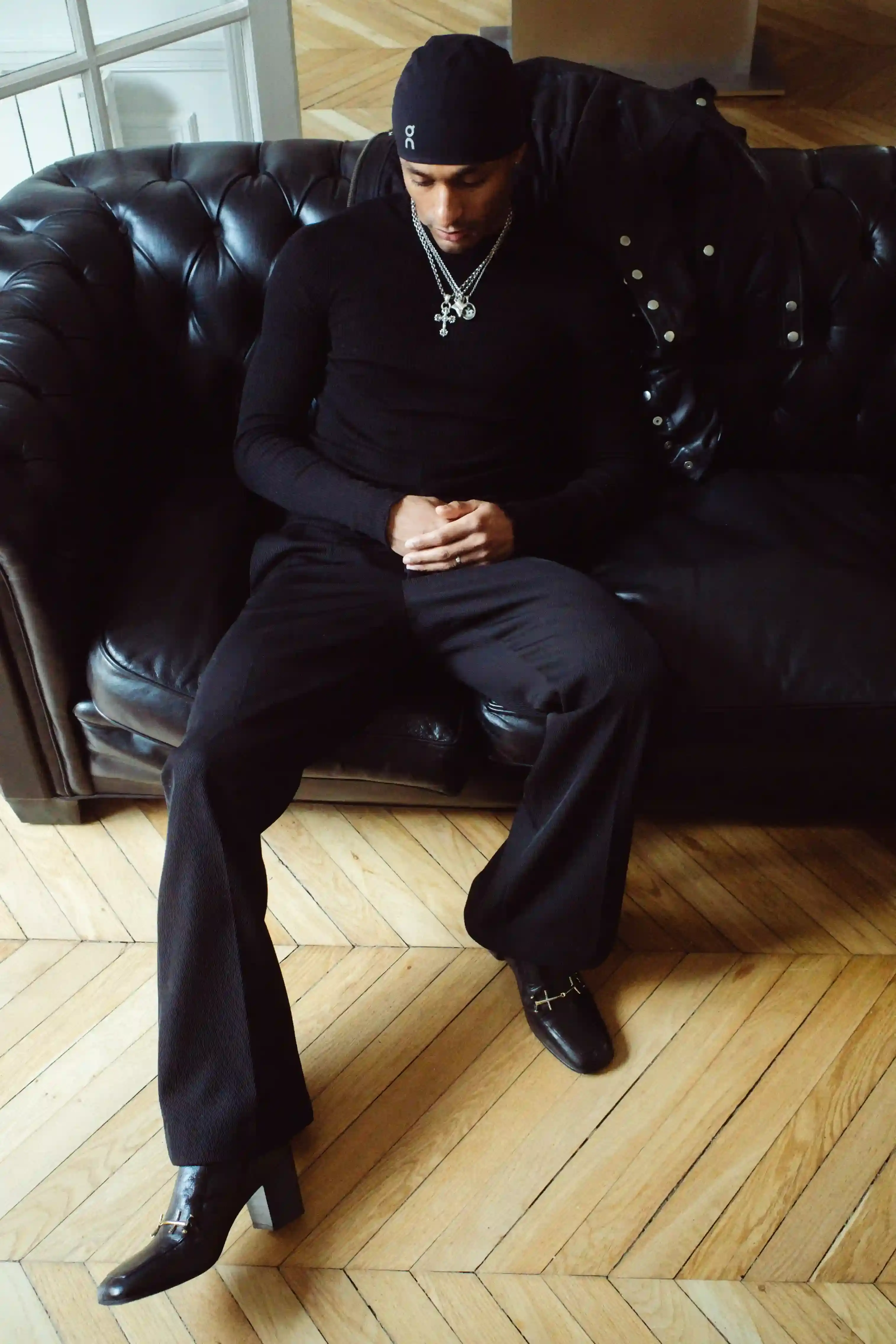 FROM YOUTUBE TO DJ AND PRODUCER: THE EVOLUTION OF ICYKOF icykof shoot & interview in Paris with casawi magazine, wearing leather jacket and On running beanie. photography by Lorenzo Bonanni (image 5 of 6)