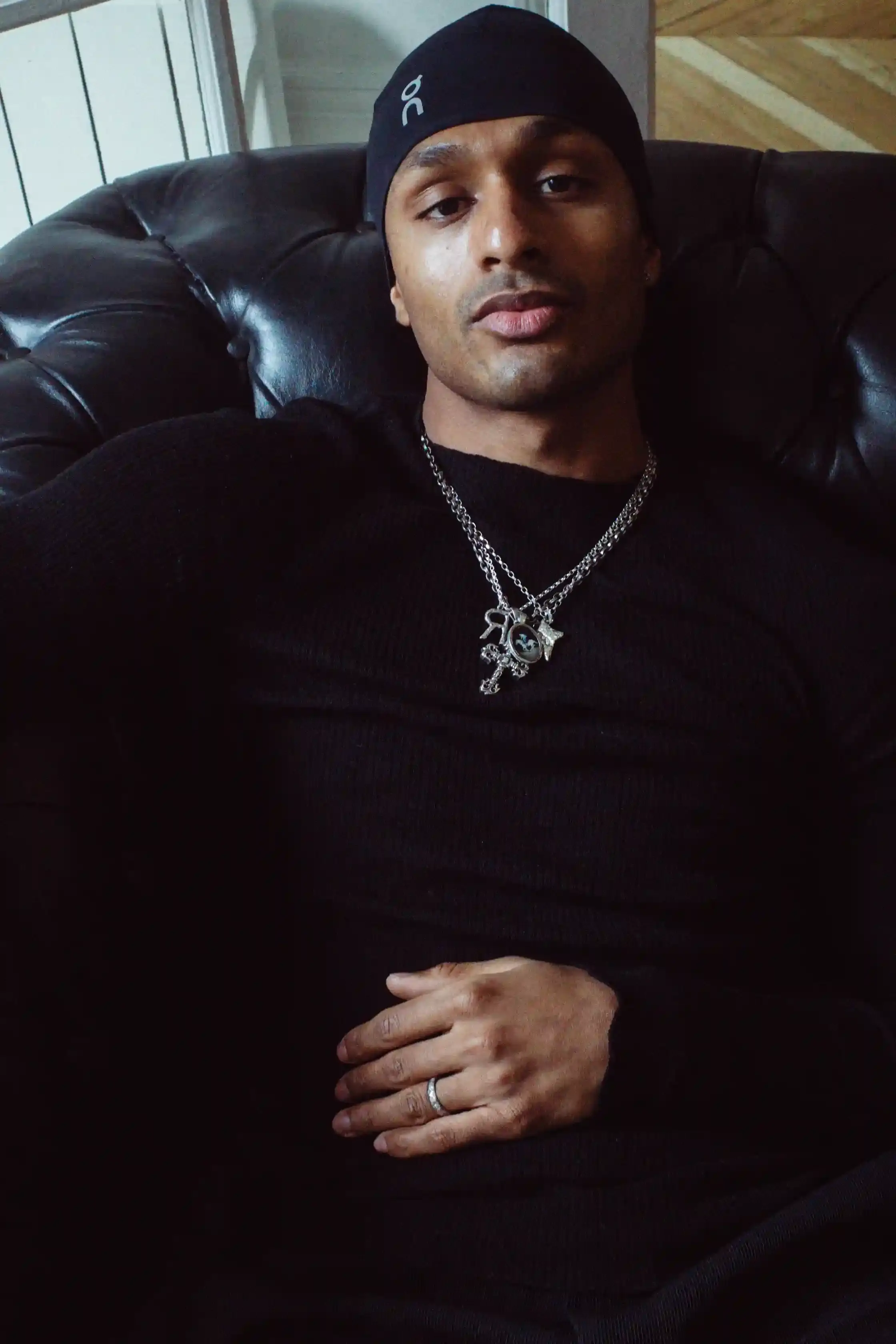 icykof shoot & interview in Paris with casawi magazine, wearing leather jacket and On running beanie. photography by Lorenzo Bonanni (image 2 of 2)