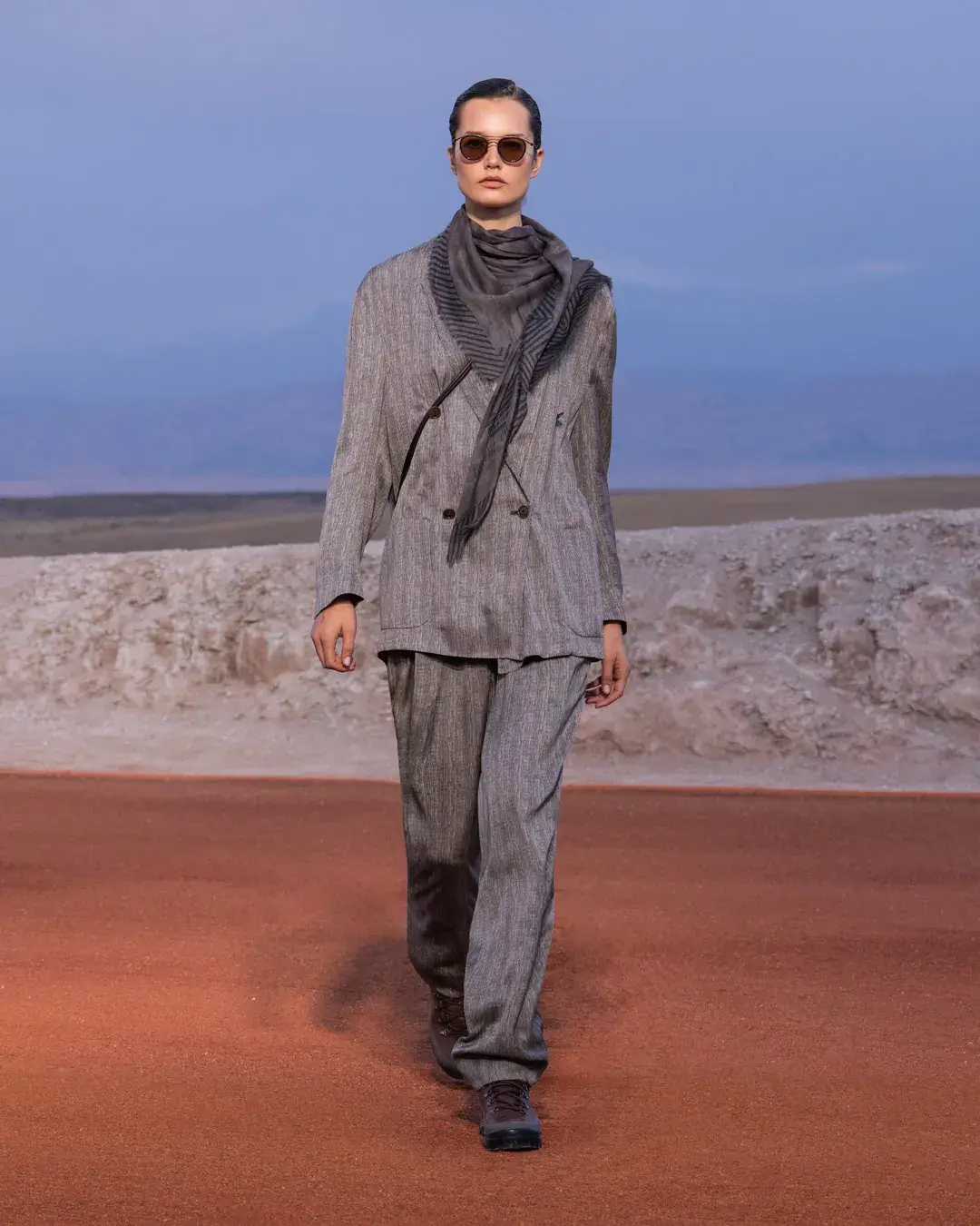 GIORGIO ARMANI AND KITH PRESENT DREAMS OF THE DUNE IN MARRAKECH image about the Giorgio Armani and Kith menswear collection Dreams of the Dune, shown in the Agafay Desert near Marrakech, with details on the clothing, the ASICS, Diemme and ‘47 collaborations, and the 16 October launch. (image 14 of 18)