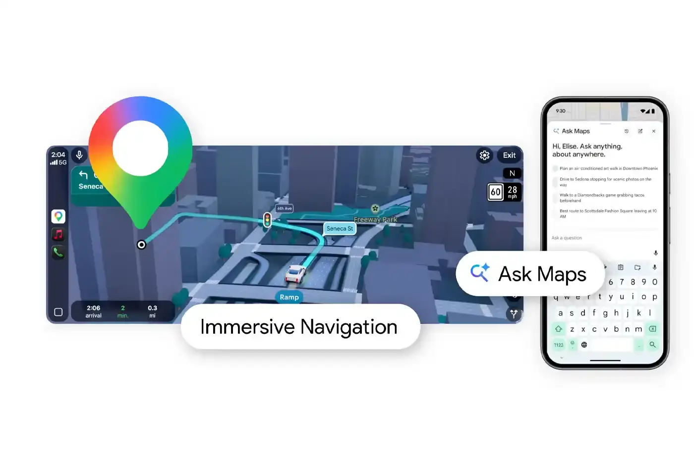 An image explaining the new Google Maps interface. The text details the conversational search features and updated visual navigation tools.