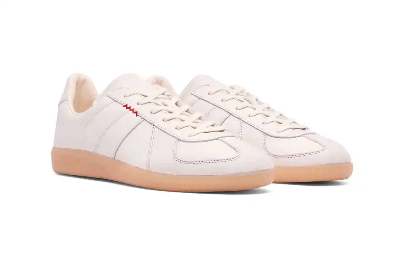 Lleumass/Timsuen/Hartcopy White leather adidas BW Army sneaker with gray nubuck panels, red embroidered line details on the sides, and gum rubber sole. Hartcopy's logo appears on the sockliner. The shoe maintains classic German Army Trainer silhouette with minimal branding. (image 9 of 10)