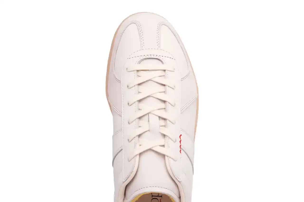 Lleumass/Timsuen/Hartcopy White leather adidas BW Army sneaker with gray nubuck panels, red embroidered line details on the sides, and gum rubber sole. Hartcopy's logo appears on the sockliner. The shoe maintains classic German Army Trainer silhouette with minimal branding. (image 4 of 10)
