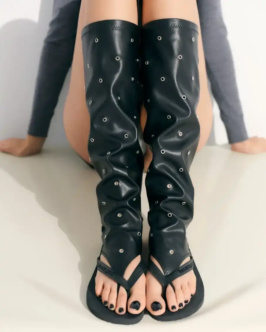 HAVAIANAS X GIMAGUAS ADD LEATHER LEG WARMERS TO FLIP FLOPS Havaianas collaborates with Gimaguas to create flip flops with detachable leather leg warmers, available December 4 for €150 at select stores. (image 2 of 5)