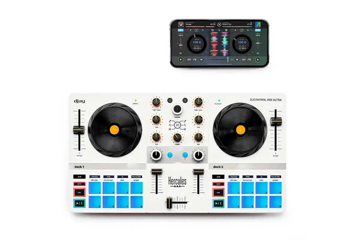 HERCULES MIX ULTRA: PORTABLE DJ CONTROLLER FOR PHONES image about the Hercules DJControl Mix Ultra, a compact DJ controller designed for smartphone use. The device weighs 1.9 pounds, measures 12.4 by 6.9 inches, and connects via Bluetooth to iOS and Android devices. Key features include a 10-hour rechargeable battery, eight programmable effects pads with sampling capabilities, three-band EQ controls, and Neural Mix technology for isolating track elements. The controller includes a protective cover that doubles as a phone stand and works with the free djay app. Priced at $219.99 USD, it targets beginner and hobbyist DJs rather than professional users. The article covers technical specifications, connectivity options, audio routing limitations, and practical applications for the device. (image 2 of 4)