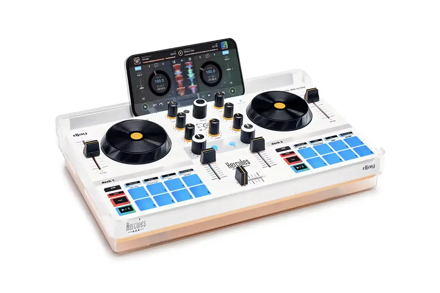 HERCULES MIX ULTRA: PORTABLE DJ CONTROLLER FOR PHONES image about the Hercules DJControl Mix Ultra, a compact DJ controller designed for smartphone use. The device weighs 1.9 pounds, measures 12.4 by 6.9 inches, and connects via Bluetooth to iOS and Android devices. Key features include a 10-hour rechargeable battery, eight programmable effects pads with sampling capabilities, three-band EQ controls, and Neural Mix technology for isolating track elements. The controller includes a protective cover that doubles as a phone stand and works with the free djay app. Priced at $219.99 USD, it targets beginner and hobbyist DJs rather than professional users. The article covers technical specifications, connectivity options, audio routing limitations, and practical applications for the device.