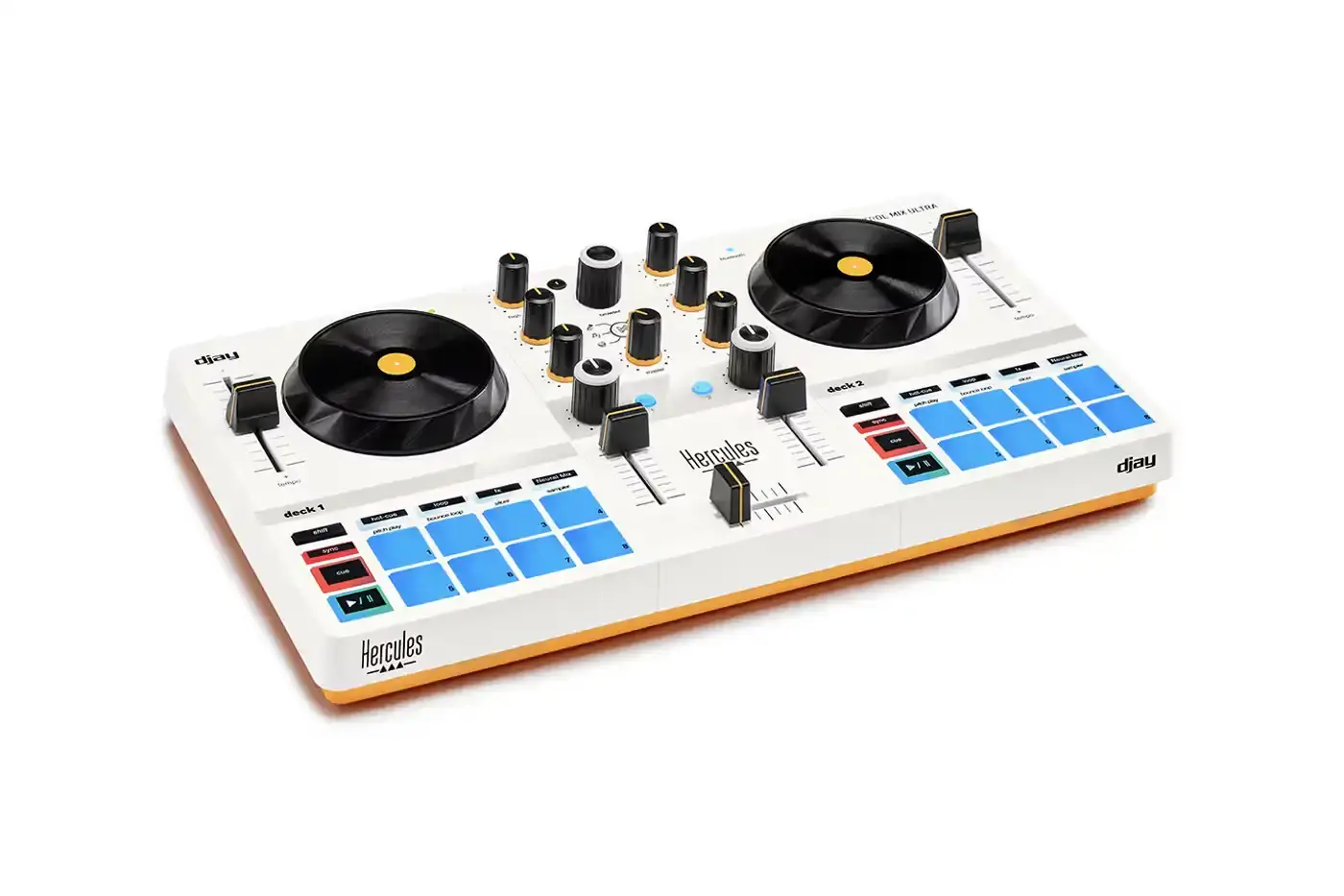 HERCULES MIX ULTRA: PORTABLE DJ CONTROLLER FOR PHONES image about the Hercules DJControl Mix Ultra, a compact DJ controller designed for smartphone use. The device weighs 1.9 pounds, measures 12.4 by 6.9 inches, and connects via Bluetooth to iOS and Android devices. Key features include a 10-hour rechargeable battery, eight programmable effects pads with sampling capabilities, three-band EQ controls, and Neural Mix technology for isolating track elements. The controller includes a protective cover that doubles as a phone stand and works with the free djay app. Priced at $219.99 USD, it targets beginner and hobbyist DJs rather than professional users. The article covers technical specifications, connectivity options, audio routing limitations, and practical applications for the device. (image 4 of 4)
