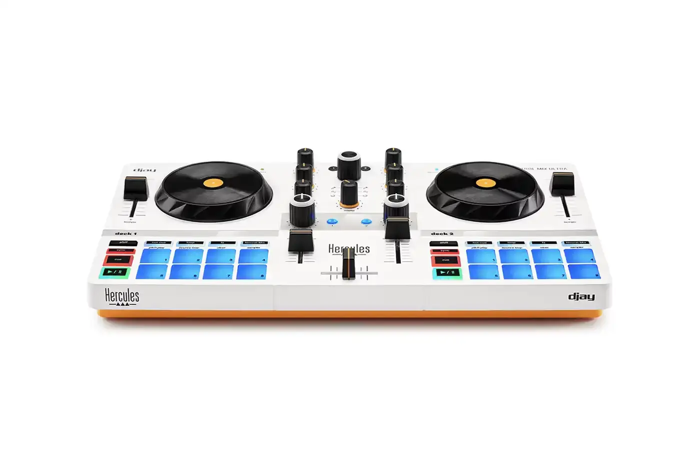 HERCULES MIX ULTRA: PORTABLE DJ CONTROLLER FOR PHONES image about the Hercules DJControl Mix Ultra, a compact DJ controller designed for smartphone use. The device weighs 1.9 pounds, measures 12.4 by 6.9 inches, and connects via Bluetooth to iOS and Android devices. Key features include a 10-hour rechargeable battery, eight programmable effects pads with sampling capabilities, three-band EQ controls, and Neural Mix technology for isolating track elements. The controller includes a protective cover that doubles as a phone stand and works with the free djay app. Priced at $219.99 USD, it targets beginner and hobbyist DJs rather than professional users. The article covers technical specifications, connectivity options, audio routing limitations, and practical applications for the device. (image 3 of 4)