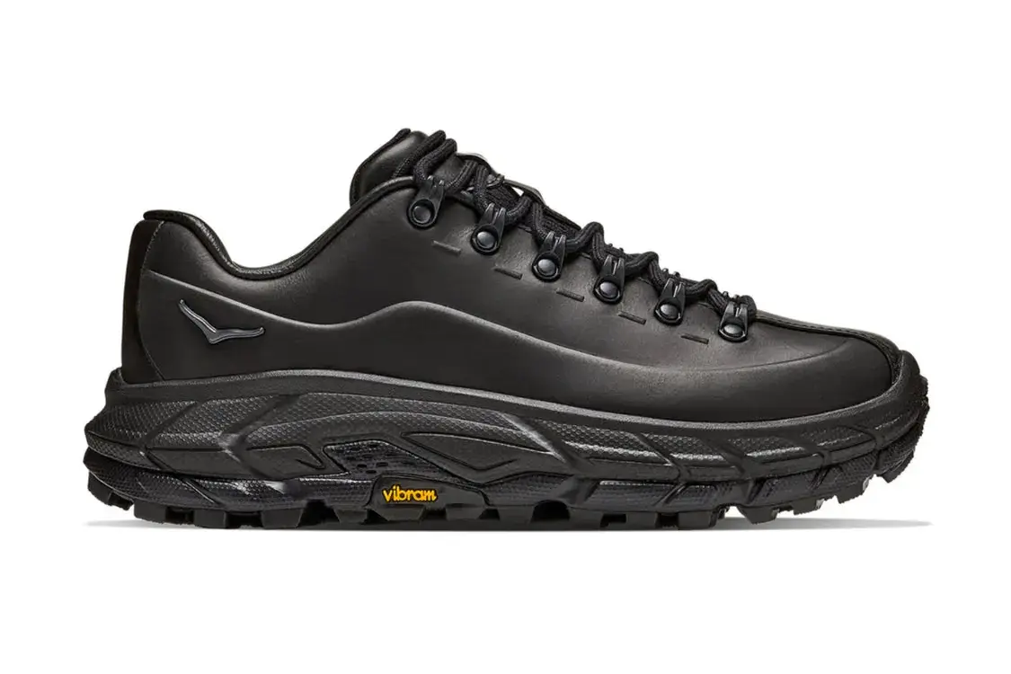 HOKA TOR SUMMIT LEATHER TP BLACK RELEASE A detailed image breakdown of the HOKA Tor Summit Leather TP in the black colorway describing design elements and pricing.