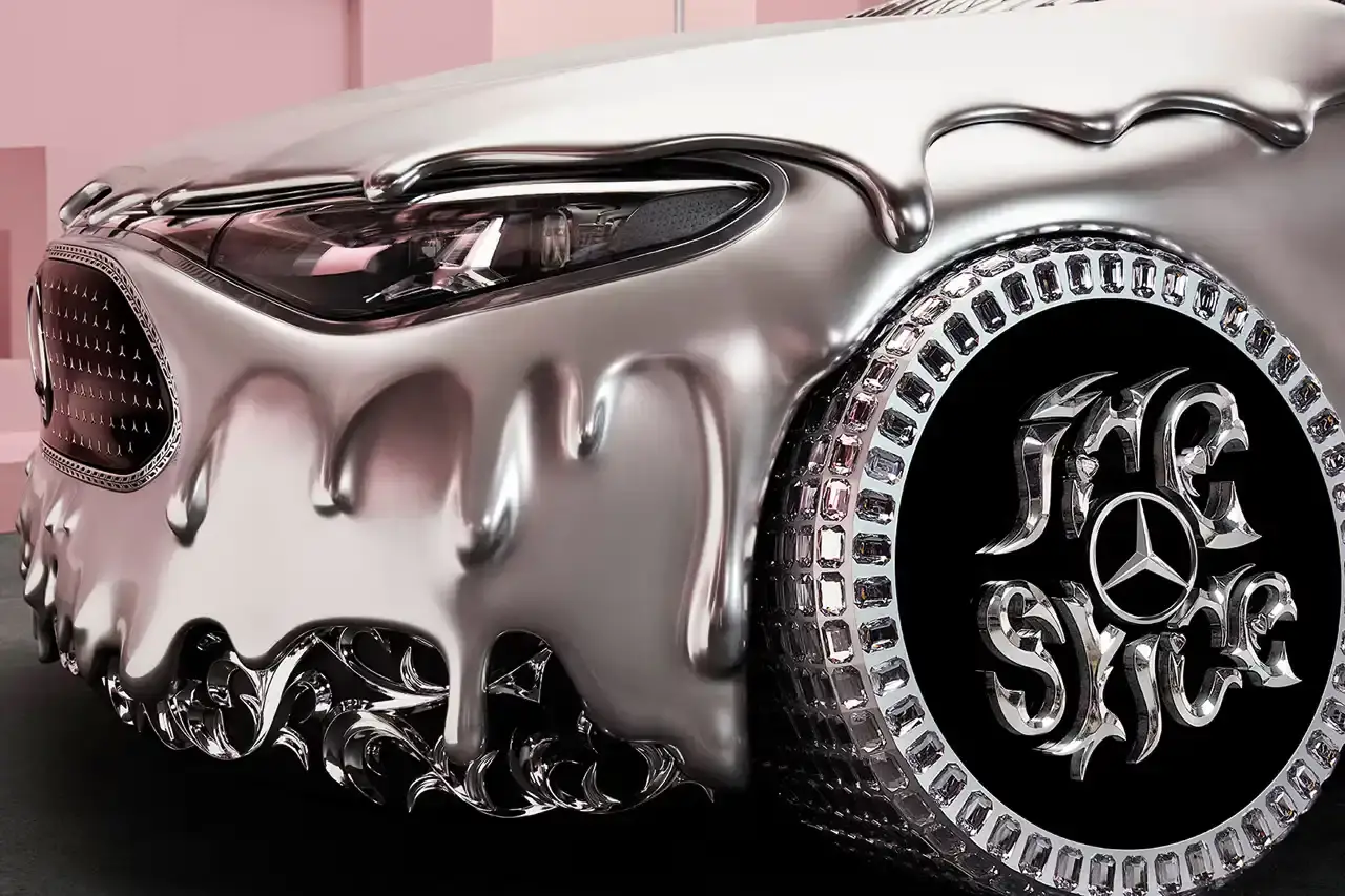 CLA GETS ROYAL CHROME TREATMENT IN ICE SPICE'S MERCEDES COLLAB image of rapper Ice Spice's custom collaboration with Mercedes-Benz, featuring a chrome-finished CLA model with princess-themed detailing. It explains that this is part of Mercedes' "Class of Creators" initiative, where five artists will create custom interpretations of the CLA. The piece details the unveiling event at Mercedes' New York dealership, which included performances from Broadway's "Hell's Kitchen" cast and music by DJ LPX. The article also mentions Ice Spice's upcoming merchandise collection and notes that other collaborators will include Gustaf Westman, KidSuper, League of Legends, and Hot Wheels. (image 9 of 11)