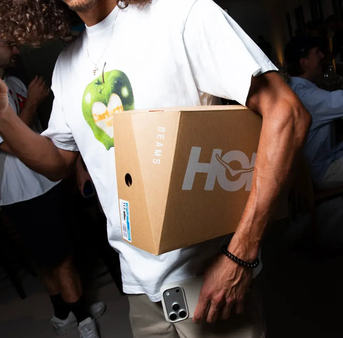 INSIDE THE HOKA × BEAMS COLLABORATION image about the interview discussing footwear design. The discussion covers shoe aesthetics, Japanese street fashion influences, and consumer movement for Hoka and Beams (image 7 of 7)