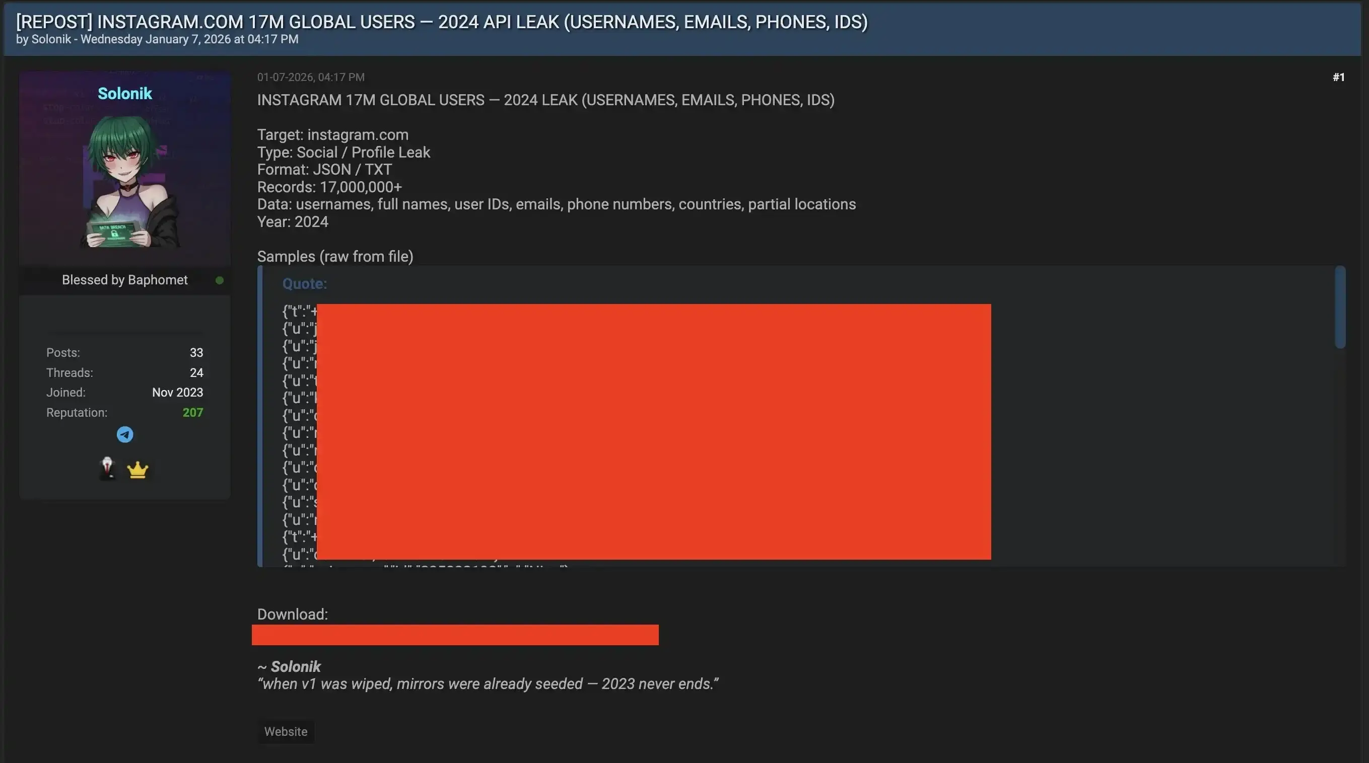 Article details a data breach affecting 17.5 million Instagram users whose personal information now appears on dark web forums, including names, emails, phone numbers, and location data. (image 3 of 3)